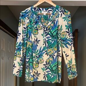 Lilly Pulitzer Long Sleeve Silk Blouse Top Sz M Blue White Teal Floral Print